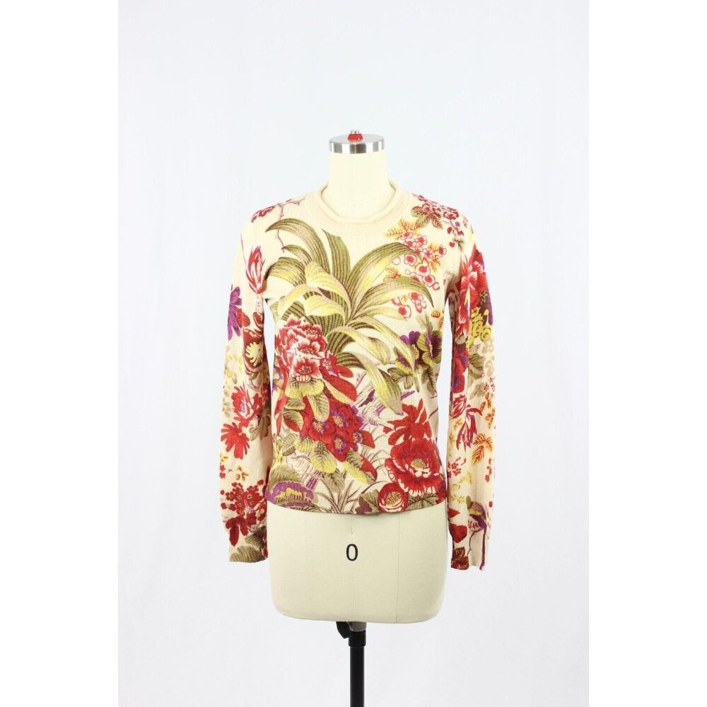 Vintage 90's KENZO JEANS Beige Red Floral Wool Knit Crew Neck Sweater, Size L
